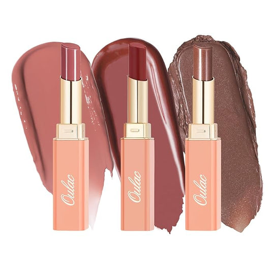 Oulac Moisturizing Shine Lipstick For Women Christmas Set 3PCS, 2 in 1 Tinted Lip Balm for Winter, Hydrated Juicy and Glossy Lip Color for Dry, Cracked and Chapped Lips, Vegan 02+03+17-Velvo Beauty