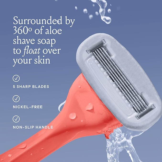 Billie Razors for Women Shave Kit – Women’s Razor + 4 x 5-Blade Razor Refills + Magnetic Holder – Coral-Velvo Beauty