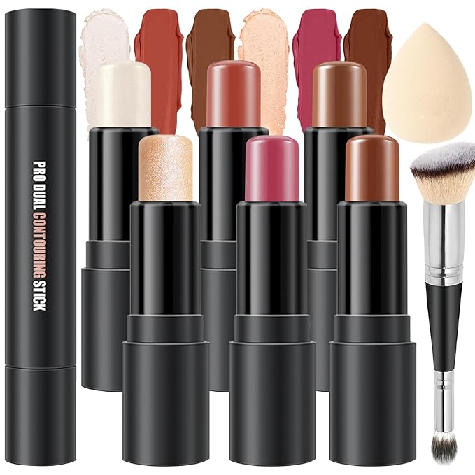 6 Colors Cream Contour Stick Makeup Kit, Shades with Highlighter, Blush and Double-End Bronzer Contour Stick for Sculpt the Cheeks, Long Lasting, Waterproof, Matte & Dewy Finish(SET C)-Velvo Beauty