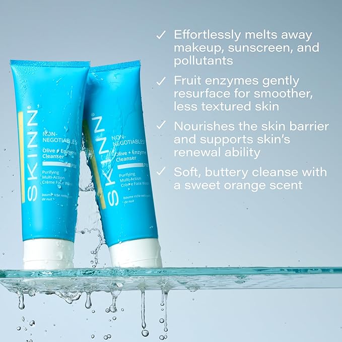 SKINN Daily Evening Face Wash, Multi-Action Cream, Olive & Enzyme Cleanser, 4oz - Facial Cream for Removing Makeup, Impurities & Dead Skin Cells-Velvo Beauty