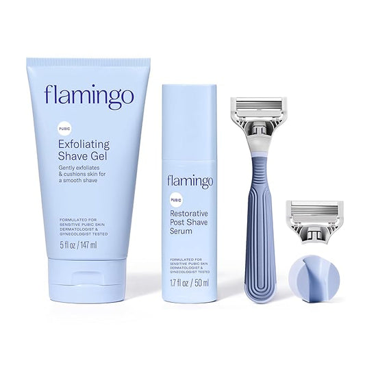 Flamingo Pubic Hair Razor for Women, Shaving Kit, 1 Razor, Exfoliating Shaving Gel 5 fl oz - Restorative Post Shave Serum 1.7 fl oz, Starter Set, Full Kit-Velvo Beauty