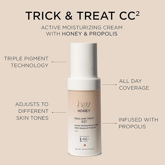 Hey Honey Trick and Treat CC² Cream SPF 46 | Active Moisturizing Color Correcting Cream with Honey & Propolis | Best Cover For Rosacea, Skin Redness & Mature Skin | Cruelty-Free | 1 oz (Fair Tone)-Velvo Beauty
