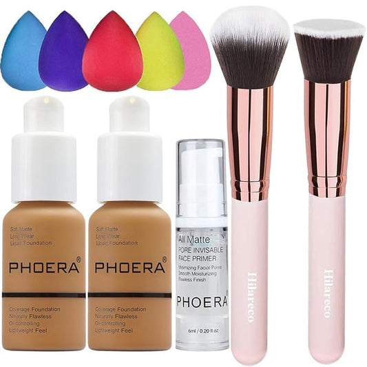 PHOERA Foundation Makeup for Wome Full Coverage Foundation Set,Face Primer Foundation Brush Powder Brush,5 Makeup Sponge,30ml PHOERA 24HR Matte Oil Control Concealer (111 Chestnut)-Velvo Beauty