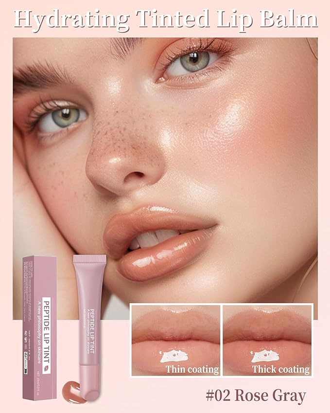 Tinted Lip Balm-1Pcs Rose Gray Peptide Hydrating Lip Tint Moisturizer,Jelly Glossier Lip Treatment Balm,Non-Stick Lip Care Glow Reviver Lip Oil, Yummy Glowy Lip Gloss, Thanksgiving Makeup for Women-02-Velvo Beauty