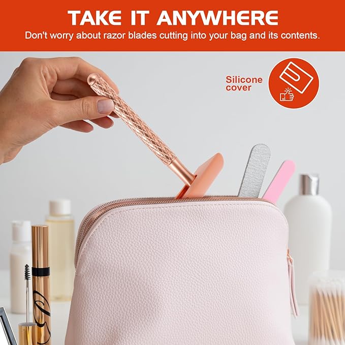 Double Edge Safety Razor for Women with Silicone Cover & 10 Blades for Travel Metal Eco-Friendly Reusable Single Blade Razor for Shaving (Rose Gold)-Velvo Beauty