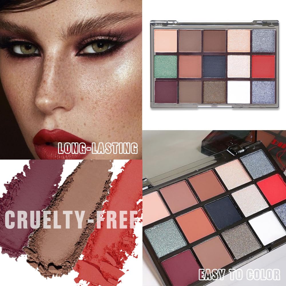 Smokey Red Eye Shadow Makeup Palette,15 Colors Gray Silver Brown Dark Shimmer Matte Makeup Pallet,Long Lasting Waterproof for Daily and Halloween,Vegan,Cruelty -free-Velvo Beauty