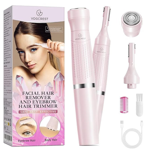 Women's Eyebrow Trimmer & Facial Hair Remover, 2 in 1, Double Rotating Blades, Safe, Painless, Hypoallergenic, Rechargeable, USB Charging-Velvo Beauty