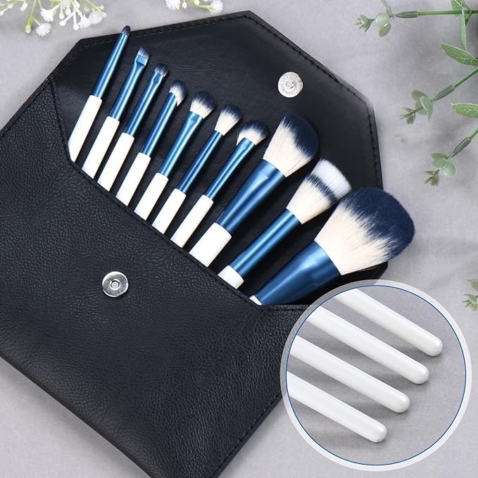 Makeup Brushes Set With Case 10Pcs White Makeup Brush Kit Foundation Eyeshadow Powder Blending Kabuki Eyebrow Eyelash Brushes Cosmetic Brush Travel Kit Gift (White+Blue)-Velvo Beauty