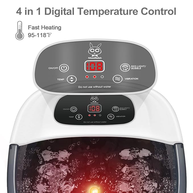 Foot Spa Bath Massager with Heat Bubbles and Vibration Massage and Jets, 16 OZ Calming Lavender Foot Soak Epsom Salt, Foot Soaker with Red Light, 22 Massage Rollers, Adjustable Temp - Grey-Velvo Beauty