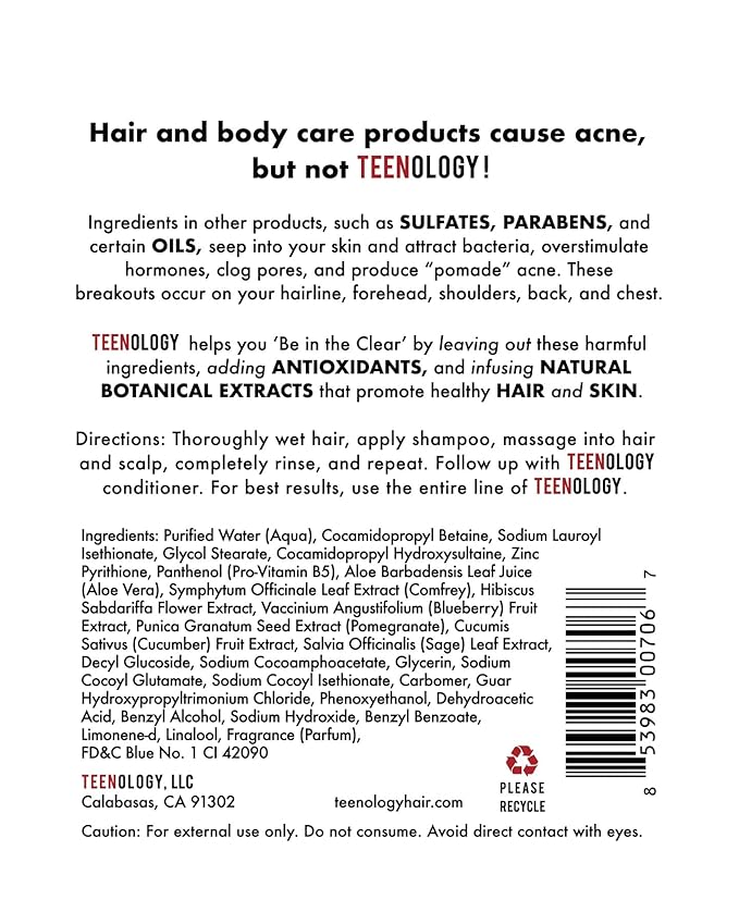 Teenology Shampoo for Teens - Avoid Forehead and Body Breakouts - No Sulfates or Parabens, Noncomedogenic, Natural Botanical Extracts, 16 oz. (Blueberry Pomegranate Cucumber)-Velvo Beauty