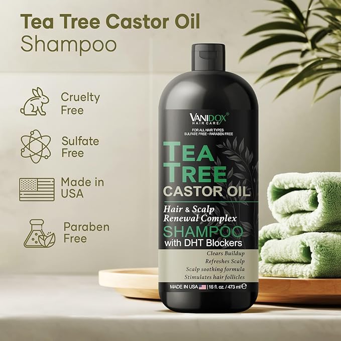 Tea Tree Oil Shampoo with Castor Oil, DHT Blockers, Itchy Scalp Relief, Supports Fuller Hair, Cleanses Dandruff & Buildup, For Men & Women, Made in USA, 16 fl oz-Velvo Beauty