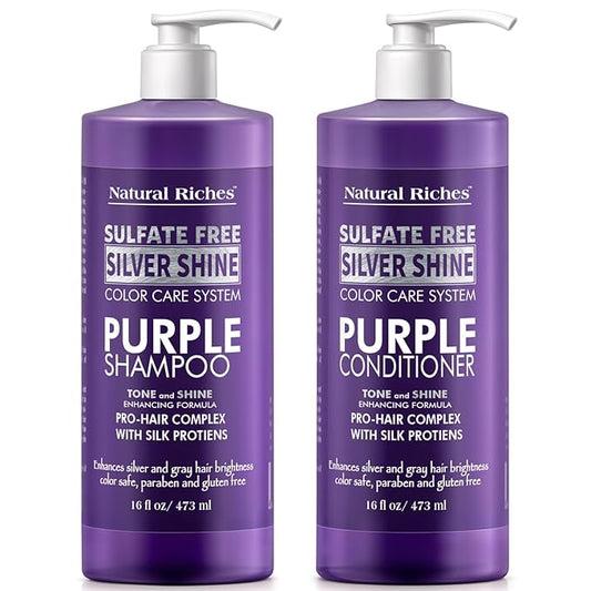 Natural Riches Radiant Silver Shine Purple Shampoo and Conditioner Set for Gray Hair - Paraben-Free and Color Safe – With Silk Proteins, Tones Dull Hair, Softens & Adds Shine - 16 fl oz-Velvo Beauty