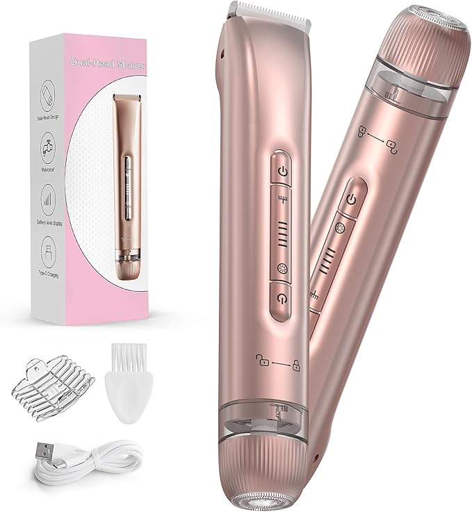 Bikini Trimmer for Women - 2 in 1 Electric Body Hair Trimmer for Silky Skin, Cordless Body Shaver for Travel, IPX7 Waterproof & Easy to Clean, Replaceable Ceramic Blade Heads, Rose Gold-Velvo Beauty