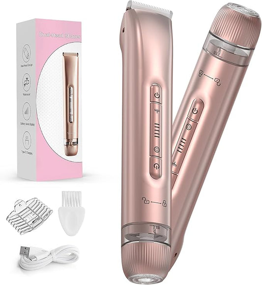 Bikini Trimmer for Women - 2 in 1 Electric Body Hair Trimmer for Silky Skin, Cordless Body Shaver for Travel, IPX7 Waterproof & Easy to Clean, Replaceable Ceramic Blade Heads, Rose Gold-Velvo Beauty