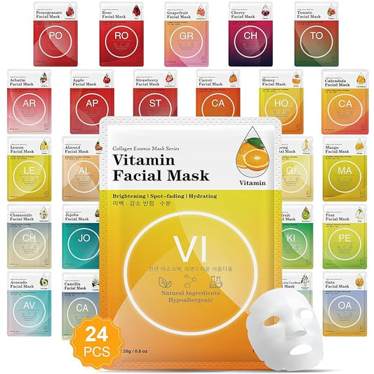 VESPRO 24 Pack Face Masks Skincare for Women, Moisturizing Face Mask Skin Care Suitable for All Skin Types, Bulk Sheet Facial Mask Gifts Set for Spa Party, Facial Masks for Women Skin Care-Velvo Beauty