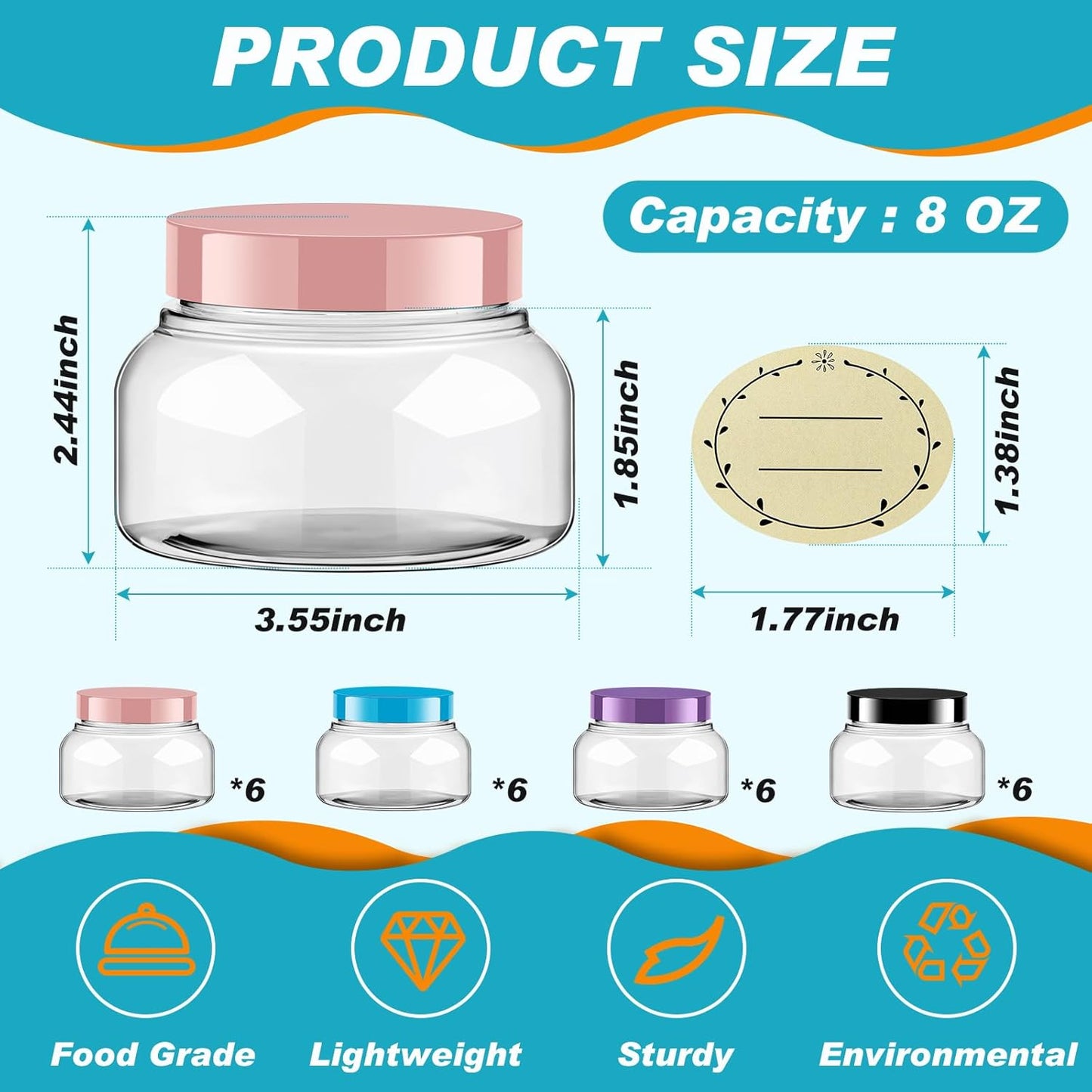 Tessco 24 Pack Plastic Jars with Lids Labels Empty Clear Plastic Jars Round Refillable Cosmetic Containers Body Butter Containers Bulk Sugar Scrub Bottle for Make Up(8 oz,Multicolor)-Velvo Beauty