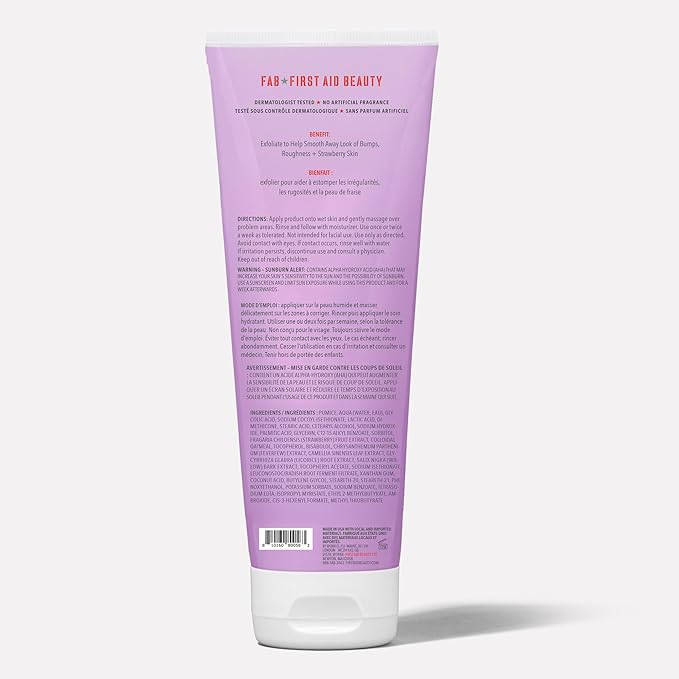 First Aid Beauty - KP Bump Eraser Body Scrub with 10% AHA, Keratosis Pilaris Exfoliator with Glycolic and Lactic acids, Helps Reduce Chicken Skin Bumps, Safe for Sensitive Skin, Strawberry Scent, 2 oz-Velvo Beauty