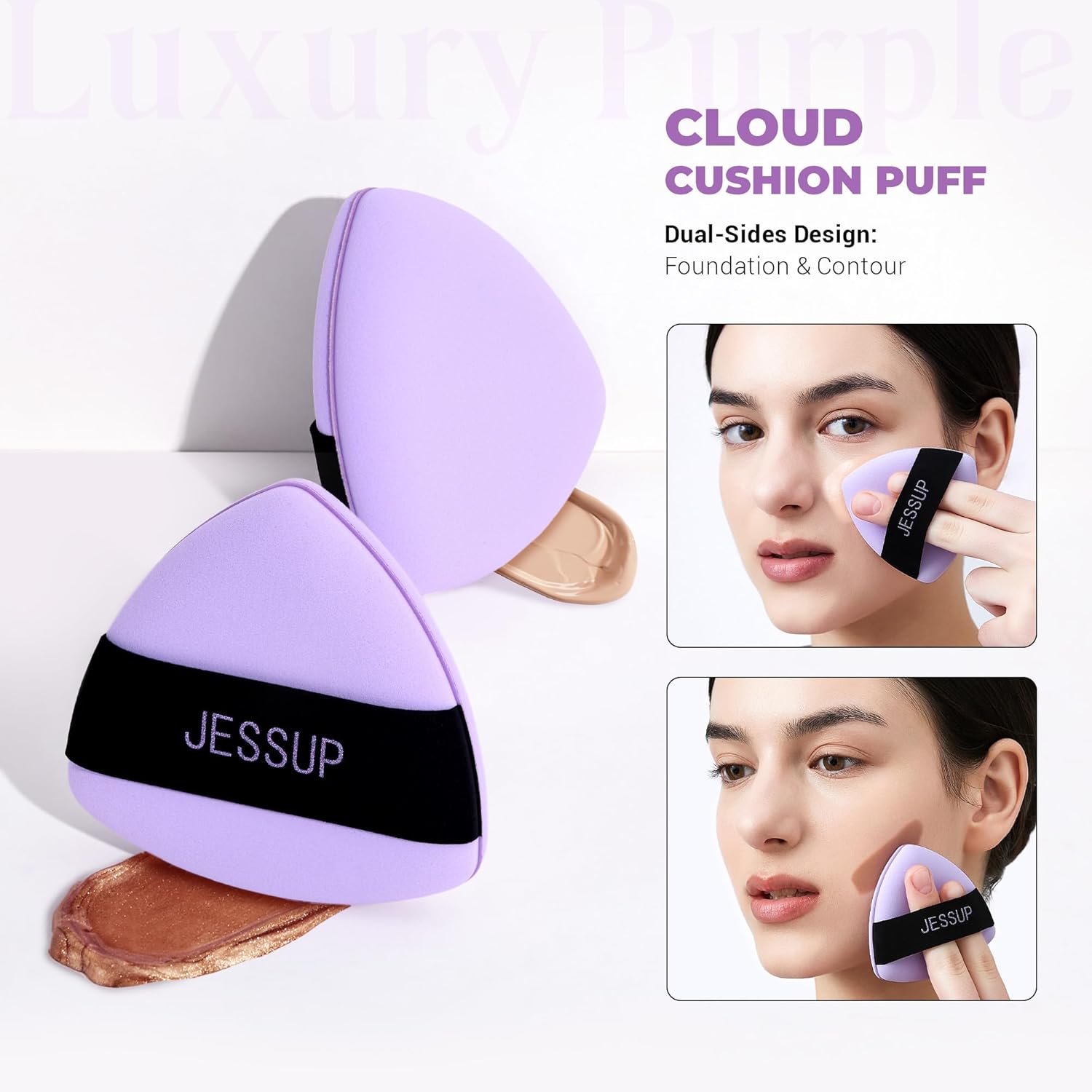 Jessup Powder Puff, 2pcs Triangle Powder Puff Soft for Foundation Setting and Baking, Reusable, Washable, Purple SP018-Velvo Beauty