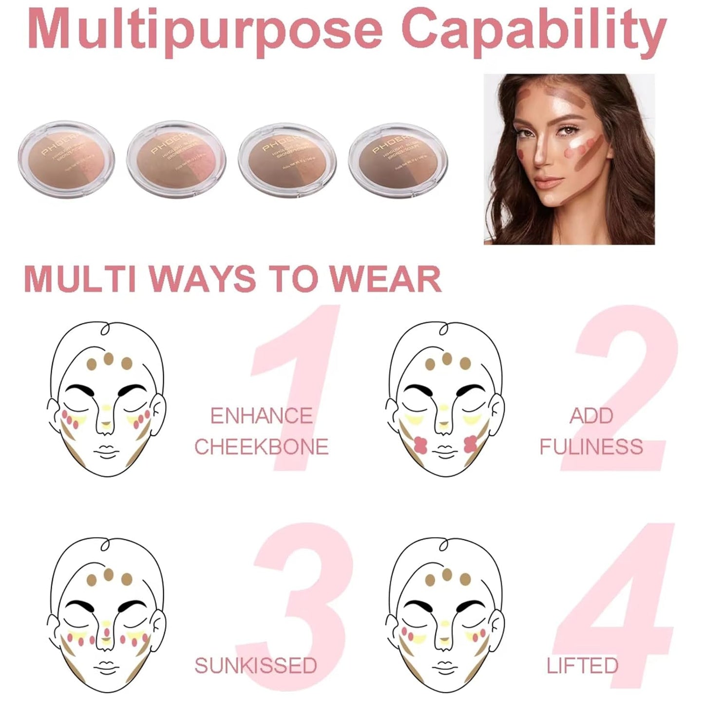 Baked Blush Highlight Bronze Powder 3-in-1 Contour Palette Sculpt Satin Silky Smooth Makeup Palettes Powder (002-Light)-Velvo Beauty