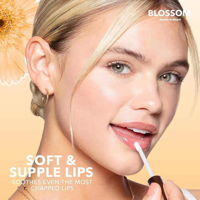 Blossom Moisturizing and Hydrating Shimmer Sparkle Lip Oil with Olive Oil + Grape Seed Oil, Infused with Real Flowers, 3g, Mango-Velvo Beauty