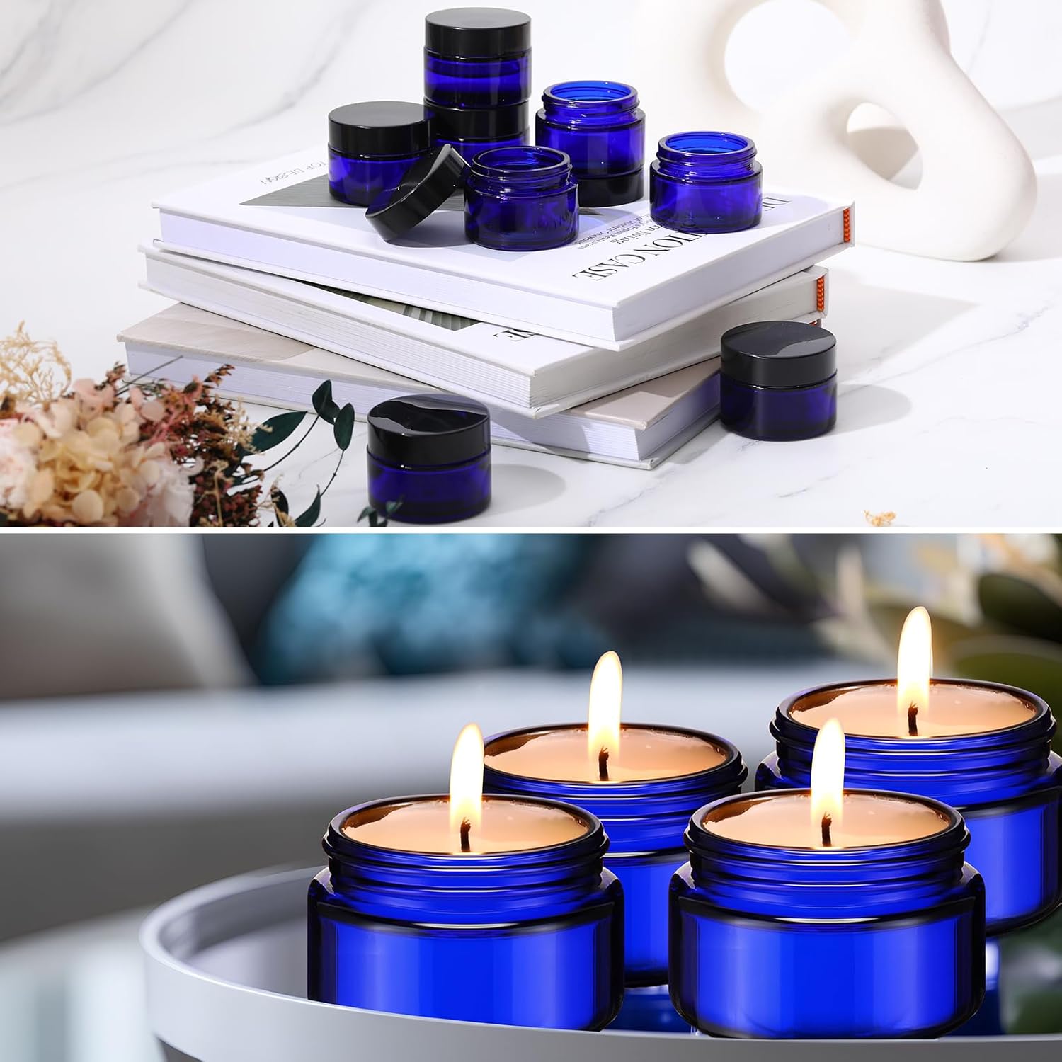 Domensi 100 Pcs 1 oz Glass Jars with Lids Bulk Round Glass Cosmetic Jars Lids 1 oz Small Travel Containers with Inner Liner for Lotions Powders Ointments Sample Cream(Cobalt Blue, Black)-Velvo Beauty