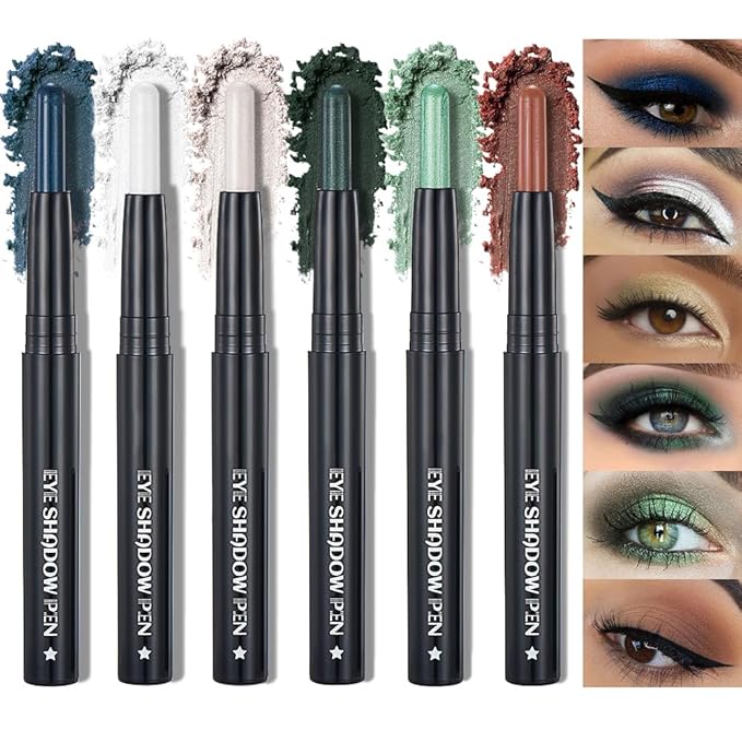 6Pcs Cream Eyeshadow Sticks Set, Champagne Pearl Brown Cocoa Stone Green Sliver Shimmer Matte Waterproof Eye Brightener Stick Palette for Eye Makeup 02 (6Pcs-02)-Velvo Beauty