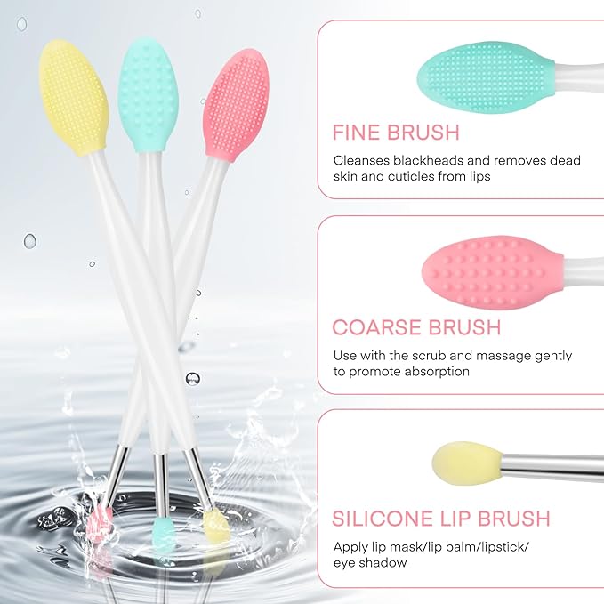 Unaone Lip Scrub Brush - 3 PCS Dual-ended Lip Scrubber Exfoliator and Silicone Lip Brush, 2-in-1 Silicone Lip Scrub Tool Lip Mask Applicator, Gentle Exfoliator & Applicator for Soft-Velvo Beauty