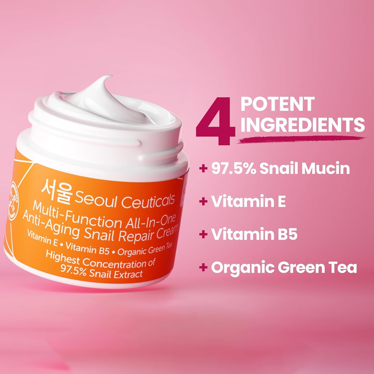 SeoulCeuticals Korean Skin Care 97.5% Snail Mucin Moisturizer Cream - K Beauty Skincare Day & Night Snail Repair Cream Filtrate Cruelty Free 2oz-Velvo Beauty