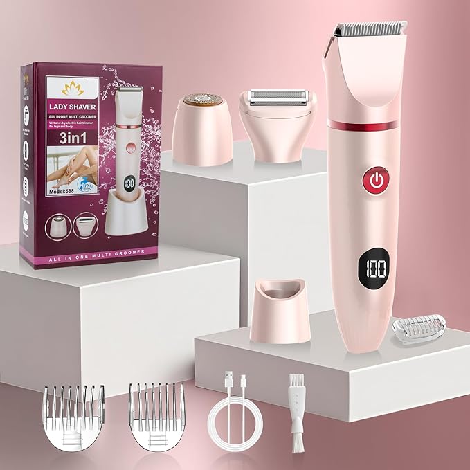 Bikini Trimmer for Women- 3 in 1 Painless Electric Razors for Women,Waterproof Pubic Hair Trimmer and Facial Hair Remover,LCD Display Body Shaver for Trip,Rechargeable Women's Grooming Kit-Velvo Beauty