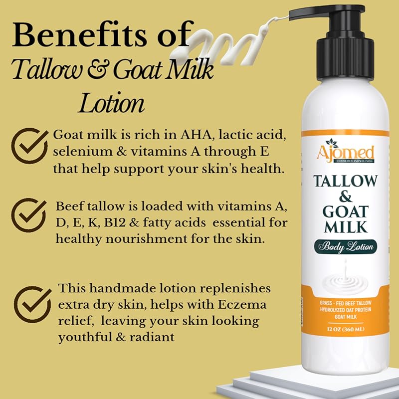 Grass Fed Beef Tallow & Goat Milk Body Lotion for Sensitive Skin, Organic Tallow Lotion - Soothes Dry Patches, Goat Milk Moisturizer - Handmade Tallow Body Lotion (Oatmeal & Honey, 8 Oz)-Velvo Beauty