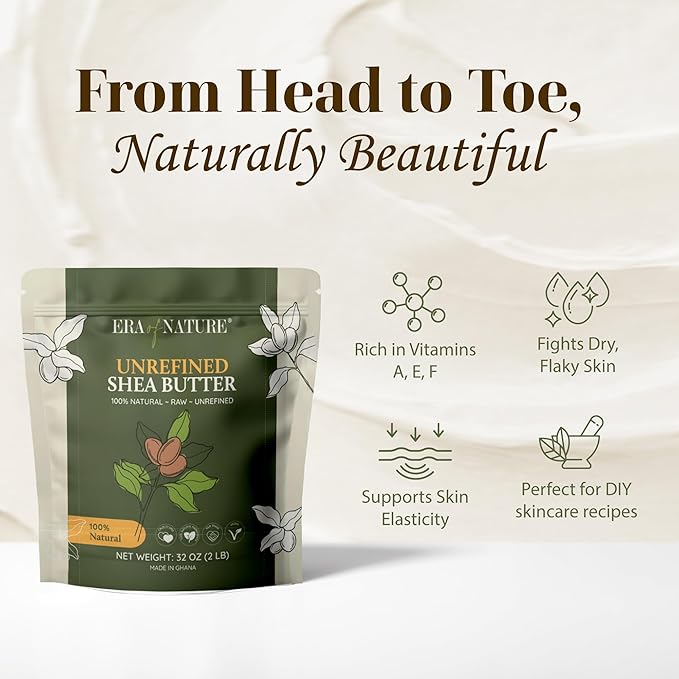 era of nature Organic Unrefined Raw African Ivory White Shea Butter 32oz - Moisturizing Raw Shea Butter Bar for Skin & Hair, DIY Lip Balm Base, Cream, Soap & Lotion Making Supplies Kit, Skincare-Velvo Beauty