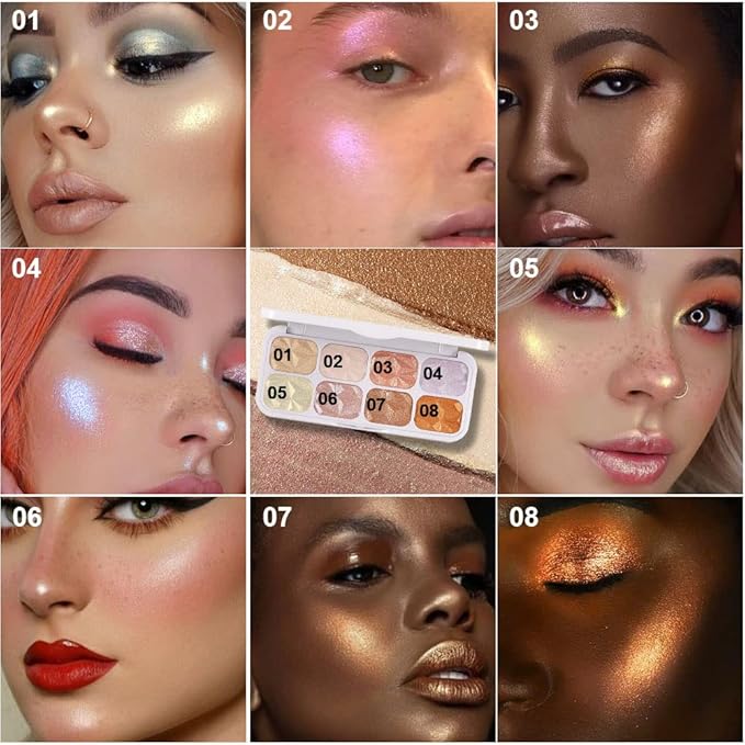 8 Colors Face Body Cheek Diamond Shimmer Highlighter Highlight Makeup Palette iluminadores de maquillaje,Highlighter+Makeup Gold Shimmer Blush Bronzer and Makeup Highlighter Powder C01-Velvo Beauty