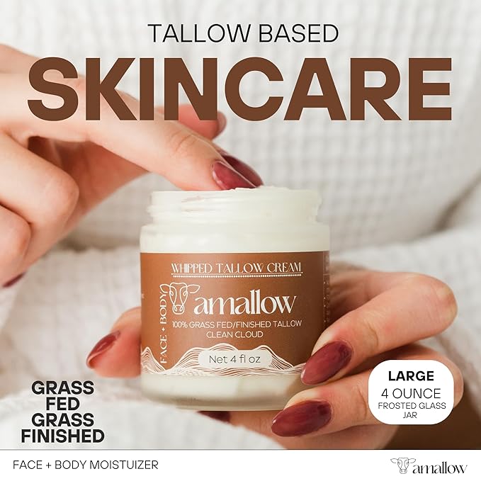 Amallow 100% Grass Fed Beef Tallow for Skin Care - Face + Body - Whipped Moisturizer - Natural Lotion, 4 FL. oz. (Clean Cloud)-Velvo Beauty
