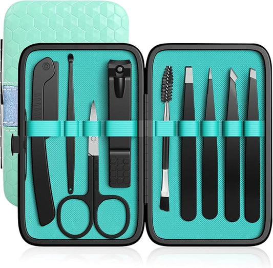 Tweezers Set, Hyxhappy 9 pcs Professional Stainless Steel Tweezers Kit for Facial Hair, Great Precision Eyebrow Plucke Tweezer with Luxurious Travel Case for Daily Beauty Tools-Velvo Beauty
