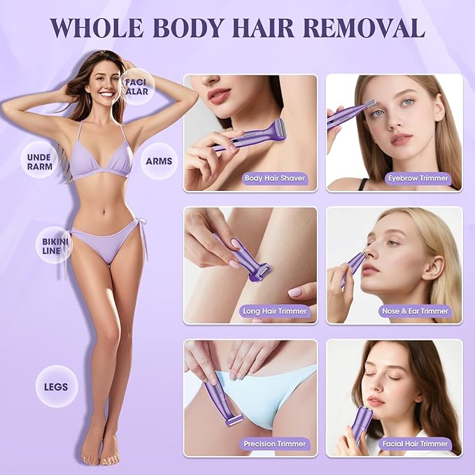 Electric Razor for Women,6 in 1 Women's Bikini Trimmer Shaver for Women & Men Pubic Hair, Private Area, Legs, Eyebrow,Face, Nose, Eyebrow, Body Hair Removal IPX5 Waterproof Wet & Dry-Velvo Beauty