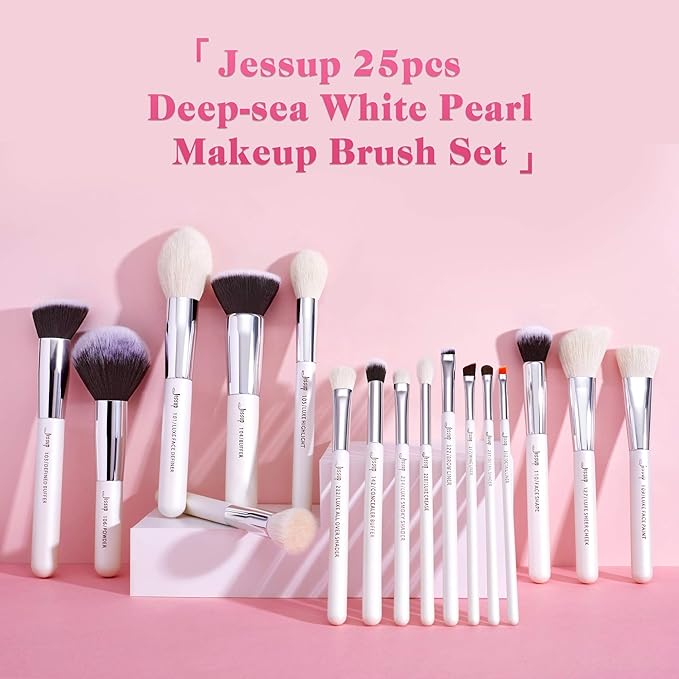 Jessup Brand 25pcs Professional Makeup Brush Set Beauty Cosmetic Foundation Powder Blusher Eyeshadow Blending Highlight Concealer Natural-Synthetic Hair Brushes Set (Pearl White/Silver)-Velvo Beauty