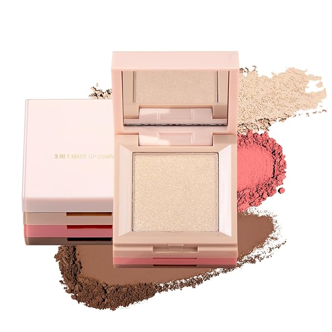 3 in 1 Contour Highlighter Blush Makeup Palette, Shimmer Matte 3 Colors Pigmented Brighten Highlighting Bronzer Blusher Eyeshadow Pallet, Long Lasting Shaping Full Face Eyes Makeup kit with Mirror-Velvo Beauty
