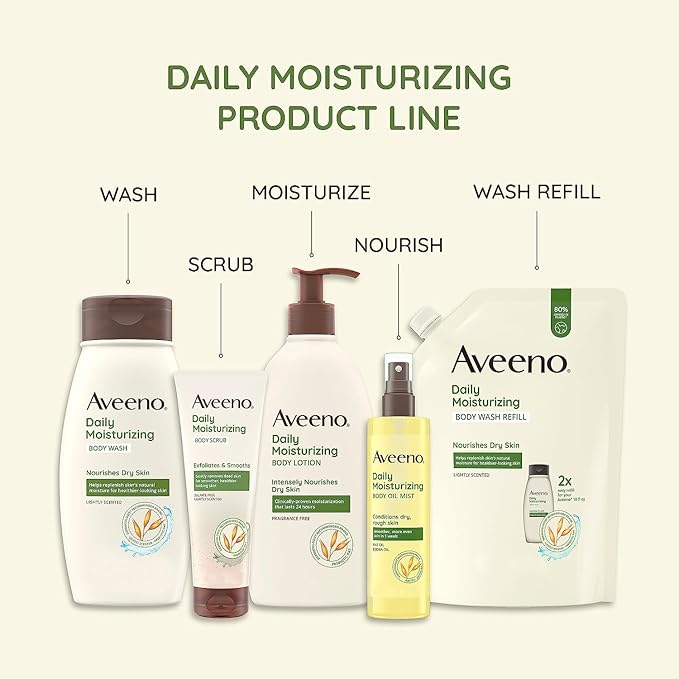 Aveeno Daily Moisturizing Body Lotion for Dry Skin with Prebiotic Oat, Fragrance & Paraben Free, Non-Greasy, Non-Comedogenic, for Sensitive Skin & 72-Hour Moisturizer 18 Fl Oz-Velvo Beauty
