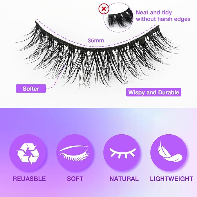 Wispy False Eyelashes Kit With Bond, Seal and Tweezer, 7 Pairs Natural Look Fake Cat Eye Lashes Strips Thin Band Extensions Waterproof Easy Eyelashes for Beginners RQ01-Velvo Beauty