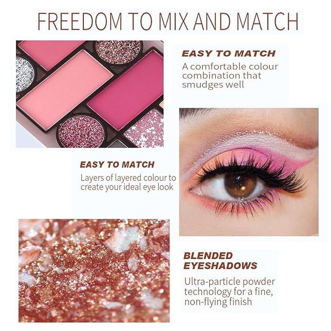 12 Colors Pink Eyeshadow Palette, Mini All in One Blush, Eyebrow & Eye Makeup Kit, Highly Pigmented Matte & Shimmer Shades, Big Artist Comprehensive Facial Makeup, Travel Friendly (02)-Velvo Beauty