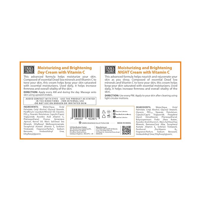 Dead Sea Collection Day and Night Cream Kit with Vitamin C - Anti-Wrinkle - Dead Sea Minerals - Nourishing, Moisturizer, Hydrating and Smoothing Face Cream (3.38 fl.oz)-Velvo Beauty