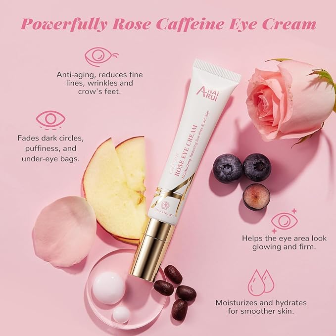 ANAI RUI Rose Caffeine Eye Cream for Dark Circles, Under Eye Serum for Puffiness Bags, Anti-Aging Eye Cream with Retinol, Collagen, Hydrating, Firming, Reduce Wrinkles and Fine Lines Daily 0.5 FL OZ-Velvo Beauty