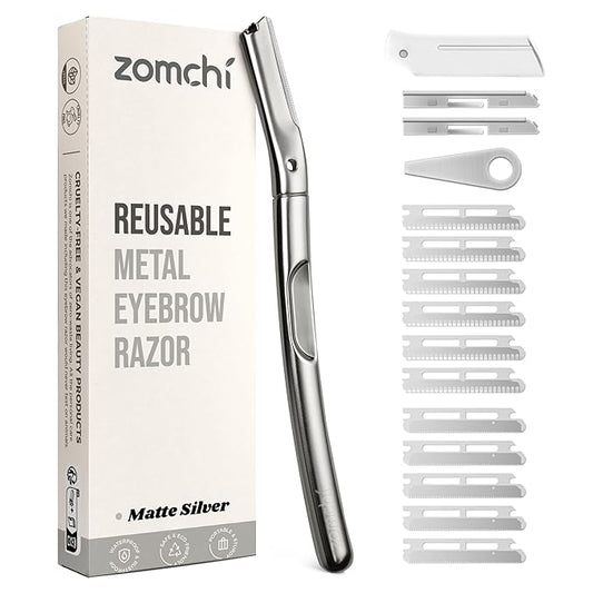 ZOMCHI Dermaplaning Tool, Dermaplaning Razor for Women & Men, Reusable Eyebrow Razor with 11 Refill Blades, Facial Razor Removes Peach Fuzz, Exfoliates Skin (Matte Silver)-Velvo Beauty