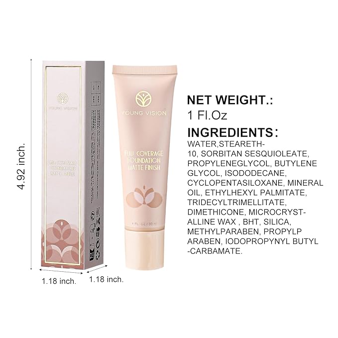 YOUNG VISION Full Coverage Longwear Foundation, Matte Finish, Waterproof, Poreless Liquid Foundation Makeup, 1 fl.oz-Velvo Beauty