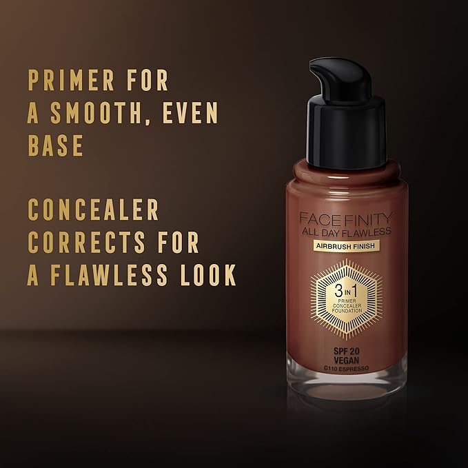 Max Factor Facefinity 3-in-1 All Day Flawless Liquid Foundation, SPF 20-110 Espresso, 30 ml-Velvo Beauty