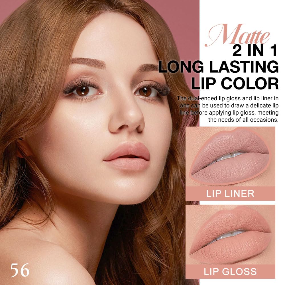 evpct 1Pcs Bright Pure Nude Pink Matte Lip Liner and Liquid Lipstick Stain Makeup Set for Women, Nude Long Lasting Smudge Proof Lipstick labiales matte mate larga duracion listip 24 hours originales-Velvo Beauty