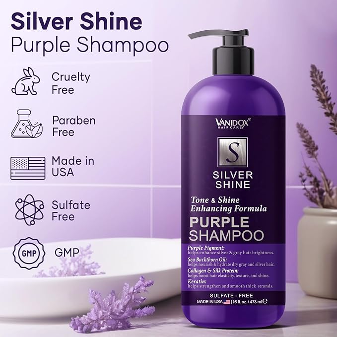 Brass Toning Purple Shampoo for Grey and Silver Hair, Infused with Purple Pigment, Sulfate Free Shampoo for Gray and Silver Hair (16 fl oz)-Velvo Beauty