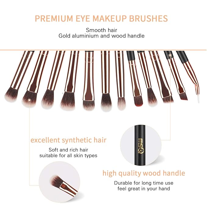 MSQ Eyeshadow Brushes 12pcs Eye Make Up Brush Set with Bag (PU Leather Pouch) Soft Synthetic Hairs for Eyeshadow, Eyebrow, Eyeliner, Blending, Best Gifts - Rose Gold-Velvo Beauty