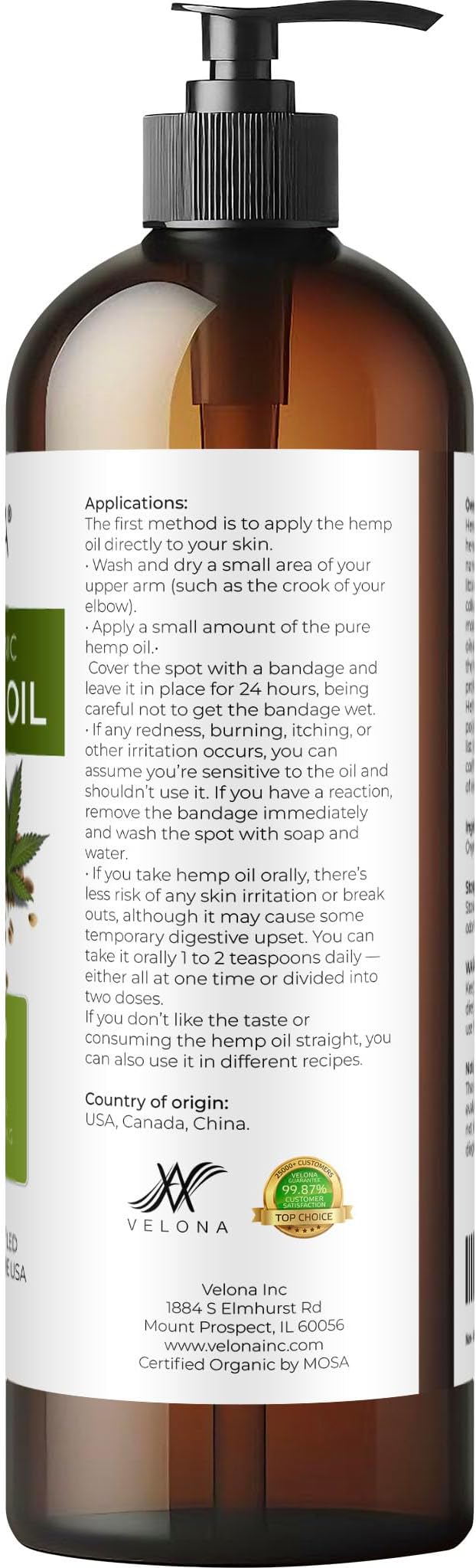 velona Hemp Seed Oil USDA Certified Organic - 16 Fl Oz | 100% Pure and Natural Carrier Oil | Unrefined, Cold Pressed | Hair, Body, Face & Skin Care-Velvo Beauty