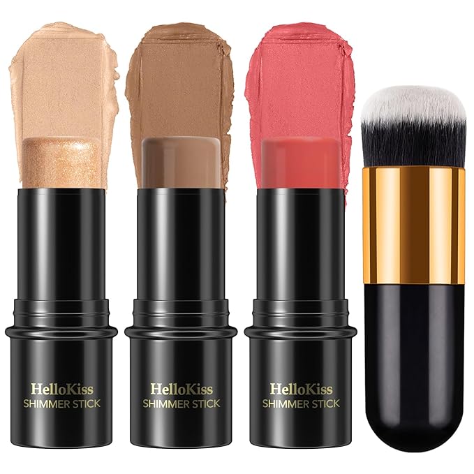 3 Pcs Face Contour Stick Kit, Matte Finish Face Stick Trio with Bronzer Blush Highlighter and Brush, Long Lasting Waterproof Cream Beauty Wand Makeup Set for Sculpt Glowing Face Look (#4, 10, 14)-Velvo Beauty